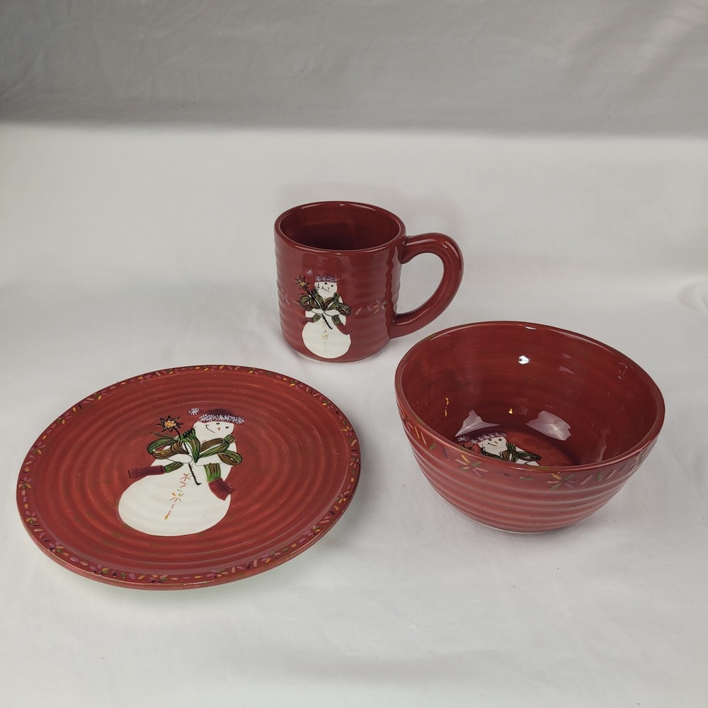 Tracy Porter Jingle Bell Snowman Red 3pc Set Plate Bowl Mug Christmas Ceramic